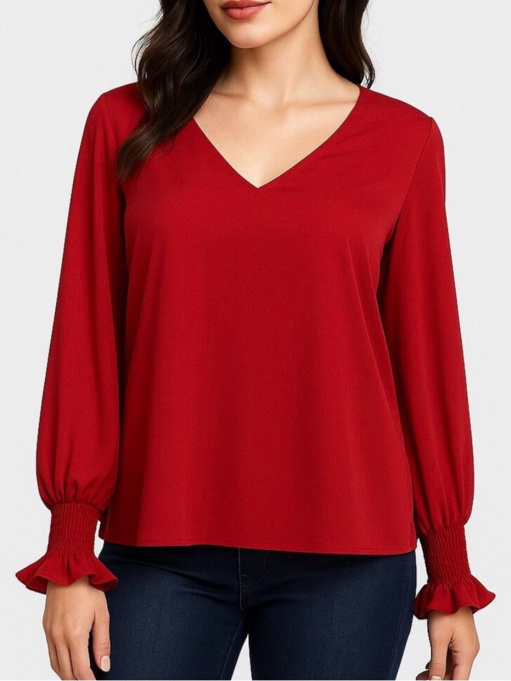 Cece V-Neck Red Long-Sleeve Top